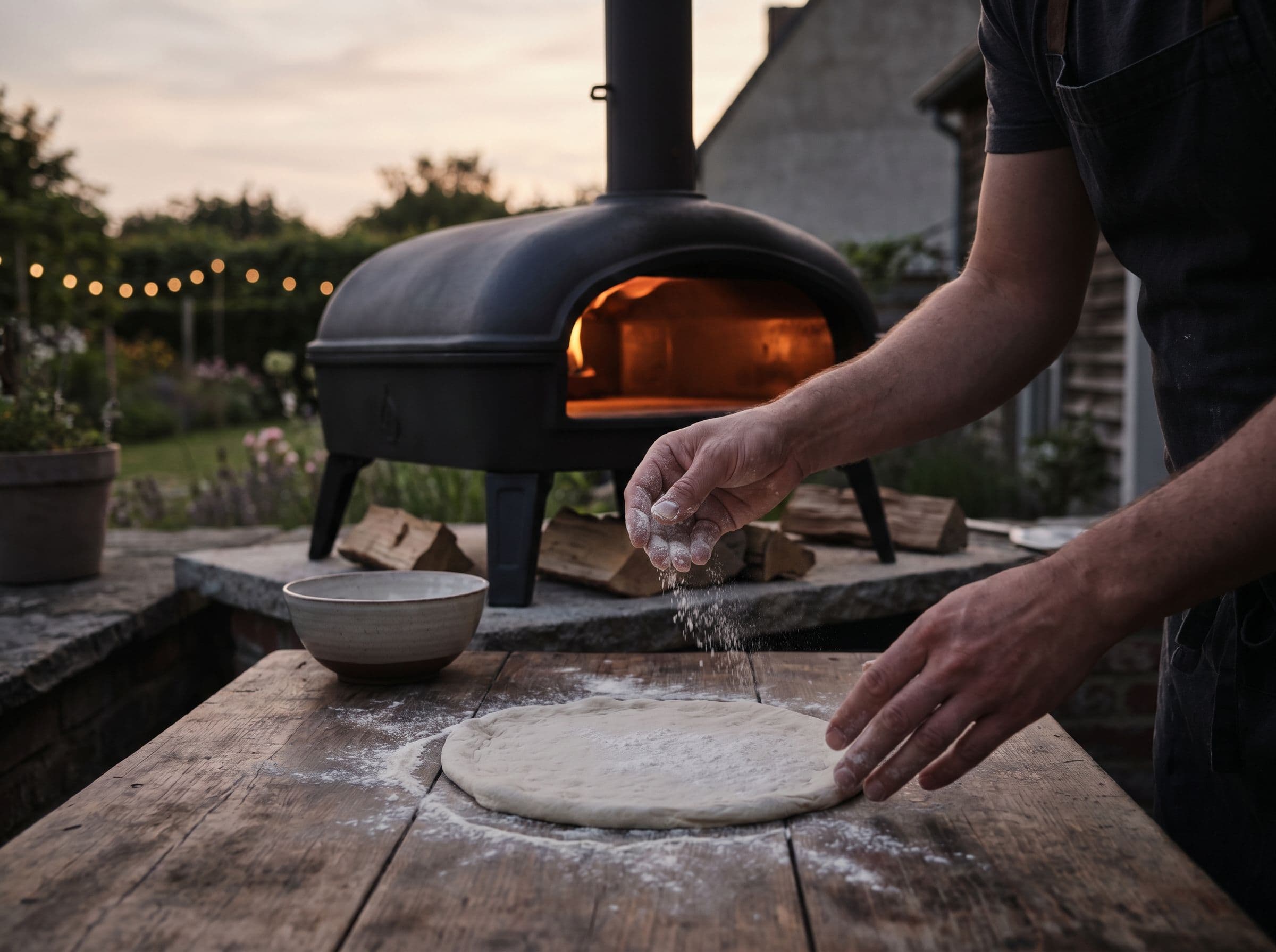 Soirée pizza dans un jardin au crépuscule, four allumé au premier plan, table en bois et convives autour